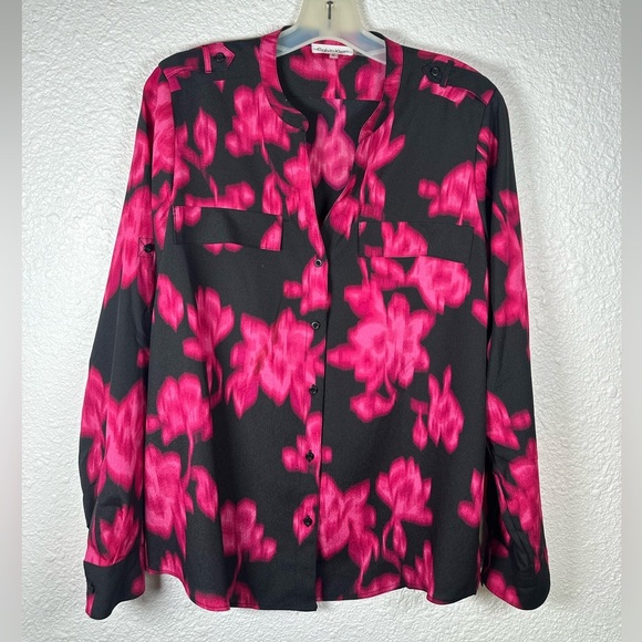 Calvin Klein Tops - Calvin Klein Women’s Pink & Black Floral Button-Down Blouse, Size M